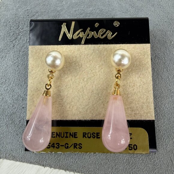 Napier Jewelry - Vintage Deadstock Napier Rose Quartz & Faux Pearl Gold Tone Pierced Earrings